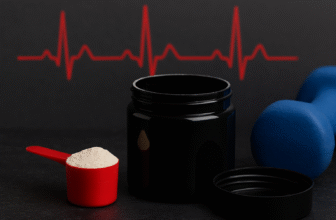 Een pot pre-workout poeder naast een rode maatschep en blauwe dumbbell met een rode hartslaglijn op de achtergrond, symbool voor de gevaren van pre-workout voor het hart.